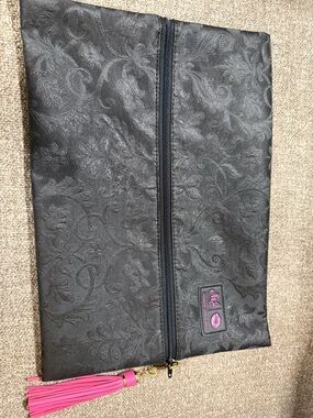 Makeup Junkie Black Floral Embossed Cosmetic Bag with Pink Tassel